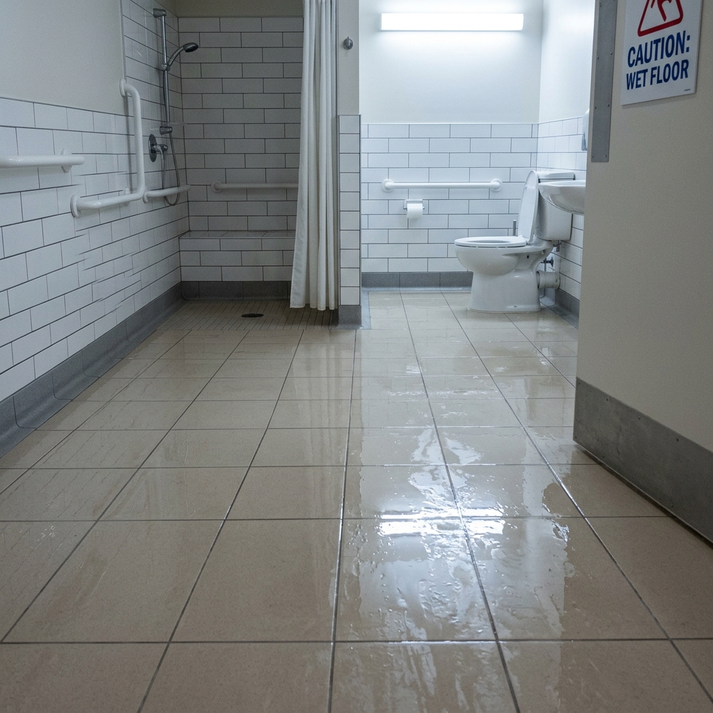 Ein nasser, rutschiger Boden im Badezimmer einer Pflegeeinrichtung